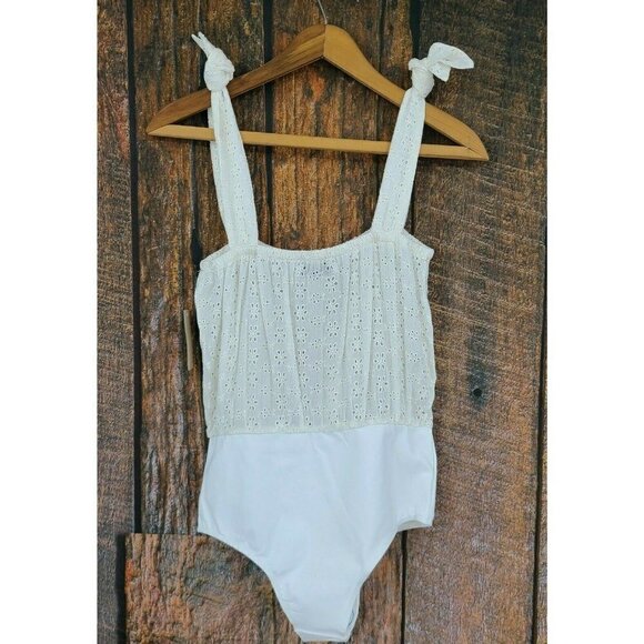 New Flynn Skye Karlie Bodysuit Womens XS/S Off White Eyelet Tie Shoulders - Picture 3 of 5